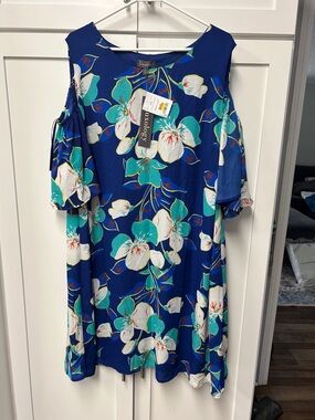 Luxology Royal Blue Floral Cold-Shoulder Dress